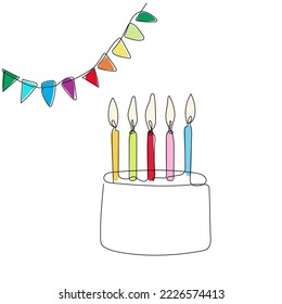 Celebration cake with colored candles and flags. Greeting card concept for birthday, holiday, wedding. One line art, doodle style. Hand drawn vector illustration.