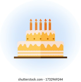 Celebration cake. Happy Birthday. Chocolate caramel cake with 5 candles and decorations. Sweet dessert. Bakery. Home party, children birthday party