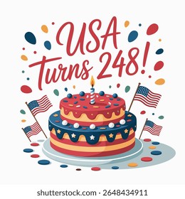Bolo de celebração. Bolo de aniversário patriótico com velas, mini bandeiras, confetes e EUA completa 248 anos de tipografia. Gráfico de ilustração do dia da independência