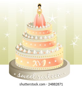 Celebration cake of three levels with doll teenager