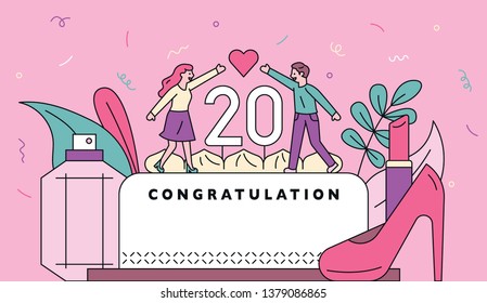 Celebration cakes and gifts for coming of age day. flat design style minimal vector illustration