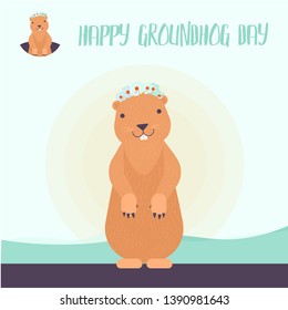 Celebration card. Avatar or logo gopher/ Happy Groundhog Day design with cute groundhog - Vector