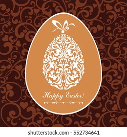 Celebration card with Easter chocolate egg. Vintage restaurant menu. Design elements. Vector illustration