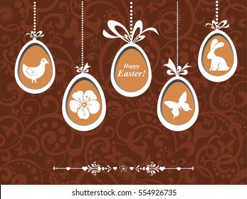 Celebration card with Easter chocolate egg. Vintage restaurant menu. Design elements. Vector illustration