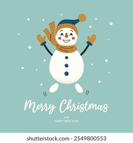 Celebration card with funny jumping snowman, snow and typography Merry Christmas on green background. Grunge texture effect. For poster, cover, label. Flat vector illustration