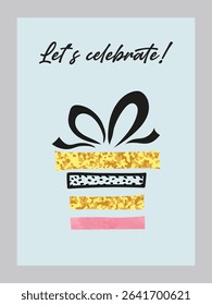 Celebration Card with Gift and Ribbon, Isolated on White Background