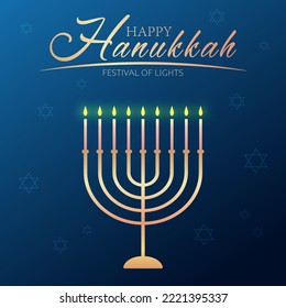 Celebration card with golden text Happy Hanukkah, chandelier and stars of David on the blue background for Hanukkah Jewish holiday. Celebration banner, wallpaper or poster.