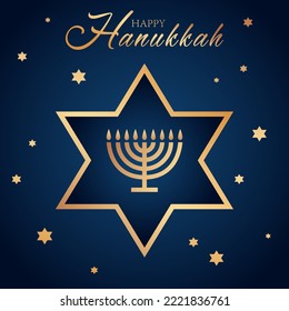 Celebration card with golden text Happy Hanukkah, chandelier with nine candles and stars of David on the blue background for Hanukkah Jewish holiday. Luxury design for banner, wallpaper or poster.