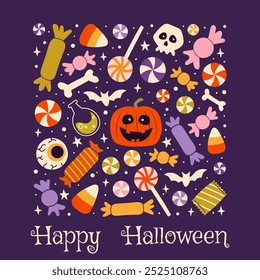 Celebration card for Halloween. Creepy elements in square shape and typography on purple background. Funny pumpkin, skull, bat, eye and different candies. Template for cover, label, invitation.