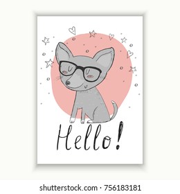 Celebration card. Hand Drawn Cute cartoon dog. vector illustration