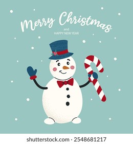 Celebration card with hand drawn snowman dressed hat, bow tie, candy and text Merry Christmas on green background. Noise texture effect. For poster, cover, label