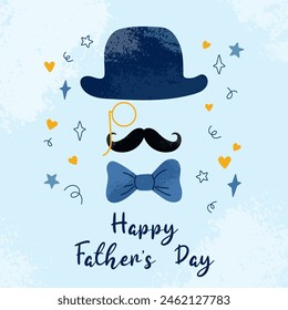 Festkarte mit handgeschriebenem Text auf blauem Hintergrund im flachen Stil. Happy Father's Day Konzept. Handgezeichneter Hut, Prinz-Nez, Schnurrbart, Fliege mit Grunge-Texturen und Doodle-Formen