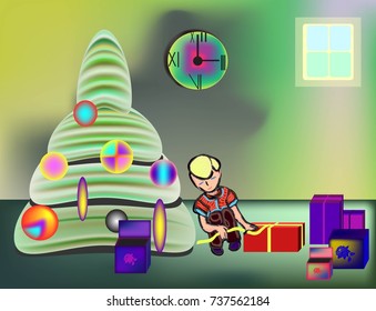 Celebration. Card. Merry Christmas and a Happy New Year. A boy is near a Christmas tree with presents