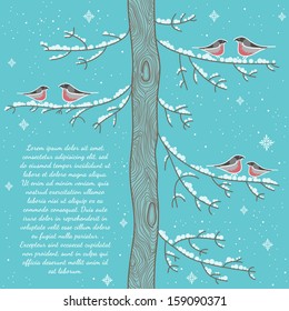Celebration card with tree, bullfinches sitting on the branches. Blue background.