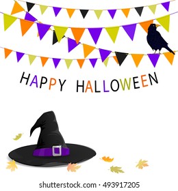 Celebration card with witch hat and buntings with raven on it dedicated to Halloween