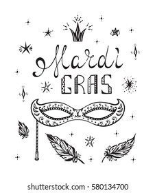 Celebration Carnival. Mardi Gras Party. Hand drawn Mardi Gras lettering with Venetian masquerade mask, feathers and stars. Holiday Card Template Vector illustration.