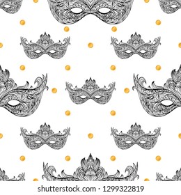 Celebration Carnival Seamless pattern. Mardi Gras Party.  Venetian masquerade mask and golg confetti. Holiday Vector background