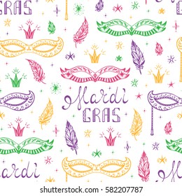 Celebration Carnival Seamless pattern. Mardi Gras Party. Hand drawn Mardi Gras lettering with Venetian masquerade mask, feathers and stars. Holiday Vector background