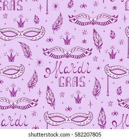 Celebration Carnival Seamless pattern. Mardi Gras Party. Hand drawn Mardi Gras lettering with Venetian masquerade mask, feathers and stars. Holiday Vector background
