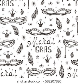 Celebration Carnival Seamless pattern. Mardi Gras Party. Hand drawn Mardi Gras lettering with Venetian masquerade mask, feathers and stars. Holiday Vector background