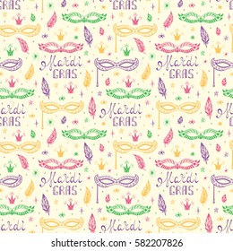 Celebration Carnival Seamless pattern. Mardi Gras Party. Hand drawn Mardi Gras lettering with Venetian masquerade mask, feathers and stars. Holiday Vector background