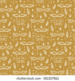 Celebration Carnival Seamless pattern. Mardi Gras Party. Hand drawn Mardi Gras lettering with Venetian masquerade mask, feathers and stars. Holiday Vector background