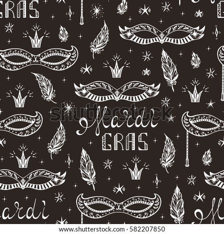 Celebration Carnival Seamless pattern. Mardi Gras Party. Hand drawn Mardi Gras lettering with Venetian masquerade mask, feathers and stars. Holiday Vector background