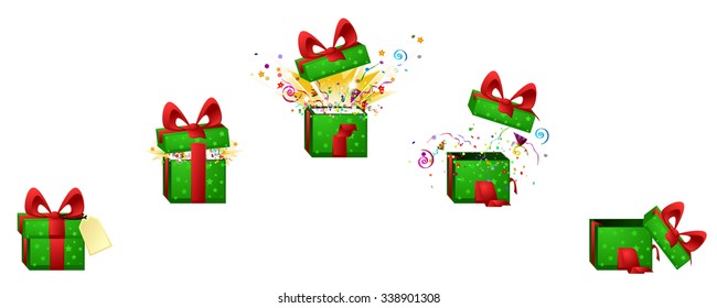 celebration cartoon design element set, exploding gift box, isolated vector
