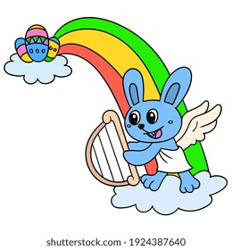 Celebration cartoon welcoming Easter Day with fantasy angel rabbit and rainbow, vector illustration art. doodle icon image kawaii.