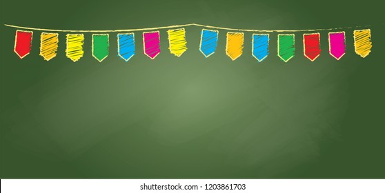 Celebration. Chalkboard Background With Drawing Bunting Flags. Vector Confetti, Buntings Sign. Back To School,  Carnival, Welcome Home Party Banner. Chalk Board.