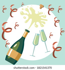 celebration, champagne glasses, cork flying out of a champagne bottle