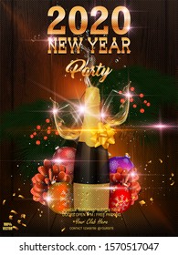 Celebration cheers happy new year champagne bottle, glasses stock vector in a realistic style. Cone, Christmas balls, Christmas tree on wooden. Elements are layered separately in vector file. 