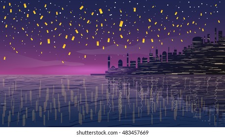 Celebration. Chinese lanterns over the city near the ocean at sunset. Vector illustration.