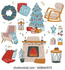 Celebration of christmas at home, decoration for winter holidays preparations. Pine tree with garlands, fireplace with candles, wreath and comfy armchair with warm blanket. Vector in flat style