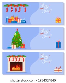 Celebration christmas, main decoration holiday, set winter banners, cozy traditional interior, cartoon style, vector illustration.