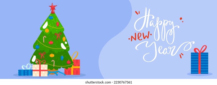 Celebration christmas, main decoration holiday, set winter banners, cozy traditional interior, cartoon style, vector illustration.