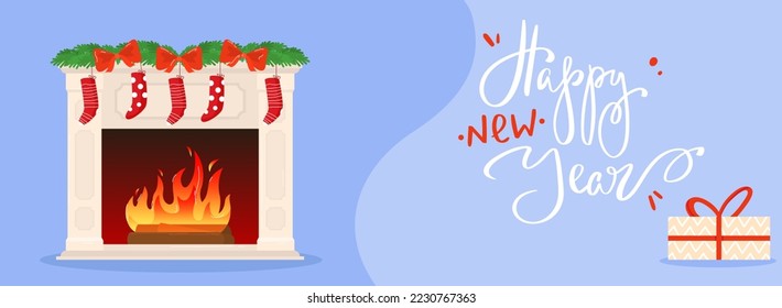 Celebration christmas, main decoration holiday, set winter banners, cozy traditional interior, cartoon style, vector illustration.
