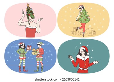 Celebration Christmas and New year concept. Set of young happy people wearing festive New Year costumes giving carrying presents preparing for holidays vector illustration 