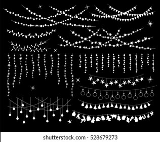 Celebration Christmas New Years Birthdays Festivals and other events hanging garlands silhouettes in shapes of bulbs lamps, circles and stars, xmas trees, balls and objects