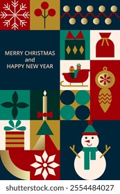 Celebration Christmas poster with icons pattern in bauhaus style and typography. Minimal geometric shapes of garland, gift, tree, snowflake, snowman. Layout for card, invitation, cover, label.