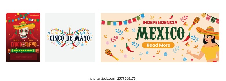 Celebration of Cinco de Mayo and Mexican Independence Day. Cultural symbols, party atmosphere and traditional Mexican motifs. Cinco de Mayo concept. Set flat vector illustration.