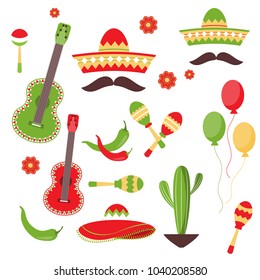 Celebration of Cinco de Mayo in Mexico, icon set, design element, flat style.A collection of objects for the parade Cinco de Mayo . Vector illustration clip art.