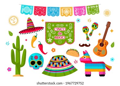 Celebration of Cinco de Mayo in Mexico, icons set, design element.Collection of icons for the Cinco de Mayo parade with pinata, food, sambrero, cactus, flag, skull, guitar. Vector illustration set