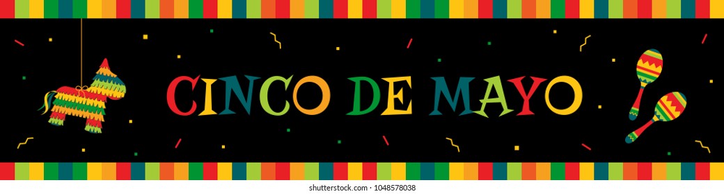 Celebration cinco de mayo web banner. Horizontal vector design template with big title cinco de mayo, funny pinata, traditional maracas and bunting. Festive colors illustration for party promo design