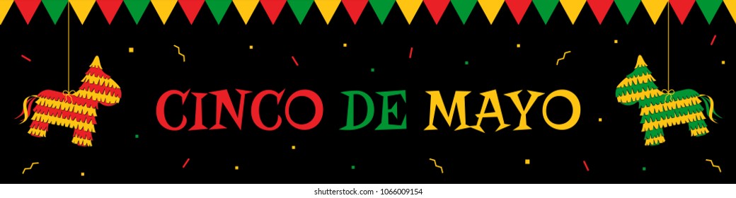 Celebration cinco de mayo web banner. Horizontal vector design template with big title cinco de mayo, green and orange traditional pinatas, bunting. Festive colors illustration for party promo design