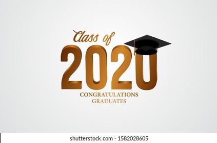 Celebration class of 2020. congratulations for graduate. Graduation party with illustration of 3D text and graduation caps. Education diploma academy