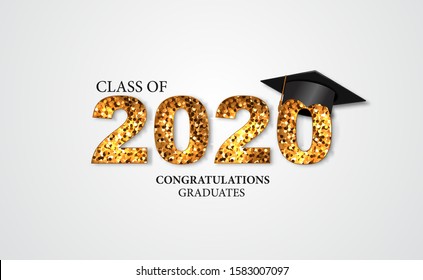 Celebration class of 2020. congratulations for graduate. Graduation party with illustration of 3D text with glitter and graduation caps. Education diploma academy