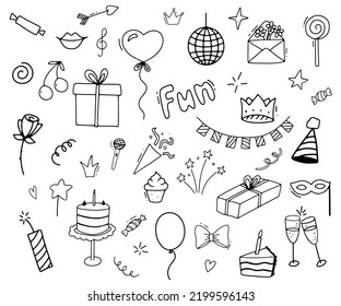 Fiesta del cliente. Clíparte del doodle para fiestas. Iconos de línea dibujada a mano para Año Nuevo o Cumpleaños