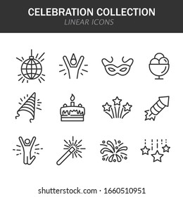 Celebration collection linear icons in black on a white background