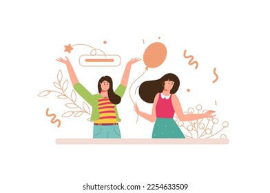 Celebration color concept with people scene in the flat cartoon design. Two friends celebrate holiday together and having fun. Vector illustration.
